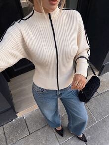 Ritzy Row Sweater Pullover Lengan Panjang Model Batwing Bertekstur Leher Bulat Terbaru untuk Wanita Musim Gugur, Atasan Rajut Kasual dengan Trim Kontras Garis-garis Hitam Putih untuk Kantor - MultiWarna - View 3