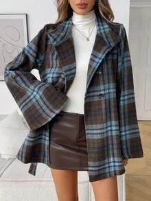Elyressa Tweed Musim Dingin Elegan Motif Kotak-kotak Tenun untuk Wanita - Coklat - View 7