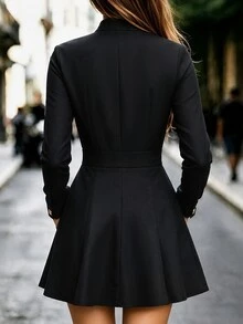 Balvessa Women's Long Dress, Solid Color Dress, Daily Commute Long Sleeve Dress, Button Decor Dress - Black - View 2