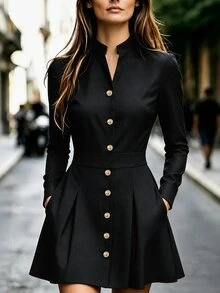 Balvessa Women's Long Dress, Solid Color Dress, Daily Commute Long Sleeve Dress, Button Decor Dress - Black - View 3