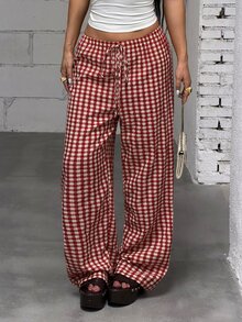 SHEIN ICON New Vintage Plaid Straight Leg Wide Leg Vacation Commute Sweet Long Pants - Burgundy - View 3
