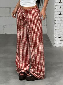 SHEIN ICON New Vintage Plaid Straight Leg Wide Leg Vacation Commute Sweet Long Pants - Burgundy - View 1