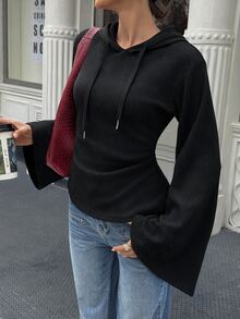SHEIN EZwear 女款標準尺寸秋季針織羅紋布料連帽收腰抓褶休閒通勤日常上衣T恤黑色 - 黑色 - 查看 4