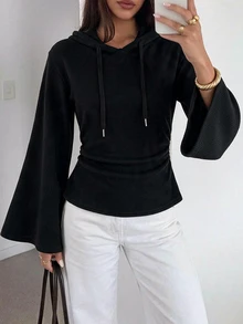 SHEIN EZwear 女款標準尺寸秋季針織羅紋布料連帽收腰抓褶休閒通勤日常上衣T恤黑色 - 黑色 - 查看 3