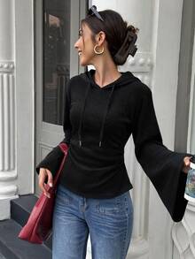 SHEIN EZwear 女款標準尺寸秋季針織羅紋布料連帽收腰抓褶休閒通勤日常上衣T恤黑色 - 黑色 - 查看 5