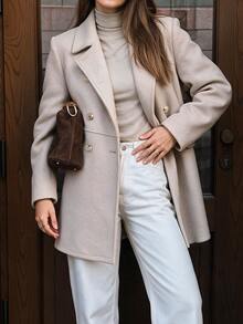 EMERY ROSE Women's Autumn/Winter Beige Double-Faced Wool Coat, Lapel Collar Double-Breasted Waist-Divided Slim Fit Mid-Length, Elegant Casual Office Business - Apricot - View 4