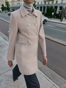 EMERY ROSE Women's Autumn/Winter Beige Double-Faced Wool Coat, Lapel Collar Double-Breasted Waist-Divided Slim Fit Mid-Length, Elegant Casual Office Business - Apricot - View 5