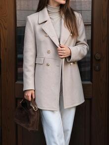 EMERY ROSE Women's Autumn/Winter Beige Double-Faced Wool Coat, Lapel Collar Double-Breasted Waist-Divided Slim Fit Mid-Length, Elegant Casual Office Business - Apricot - View 3