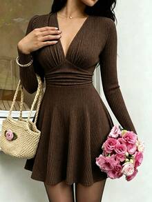 Selianne Solid Plunging Neck Ribbed Knit Dress Dinner Night Out Date Night Going Out Dark Brown Autumn Sexy Thanksgiving - Brown - View 4