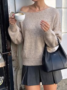 SHEIN LUNE Oatmeal Drop Shoulder Sweater, Leopard Print Bow Open Back Knit Pullover For Women - Apricot - View 5