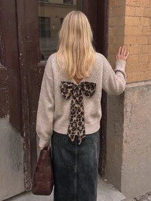 SHEIN LUNE Oatmeal Drop Shoulder Sweater, Leopard Print Bow Open Back Knit Pullover For Women - Apricot - View 2
