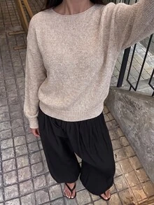 SHEIN LUNE Oatmeal Drop Shoulder Sweater, Leopard Print Bow Open Back Knit Pullover For Women - Apricot - View 6