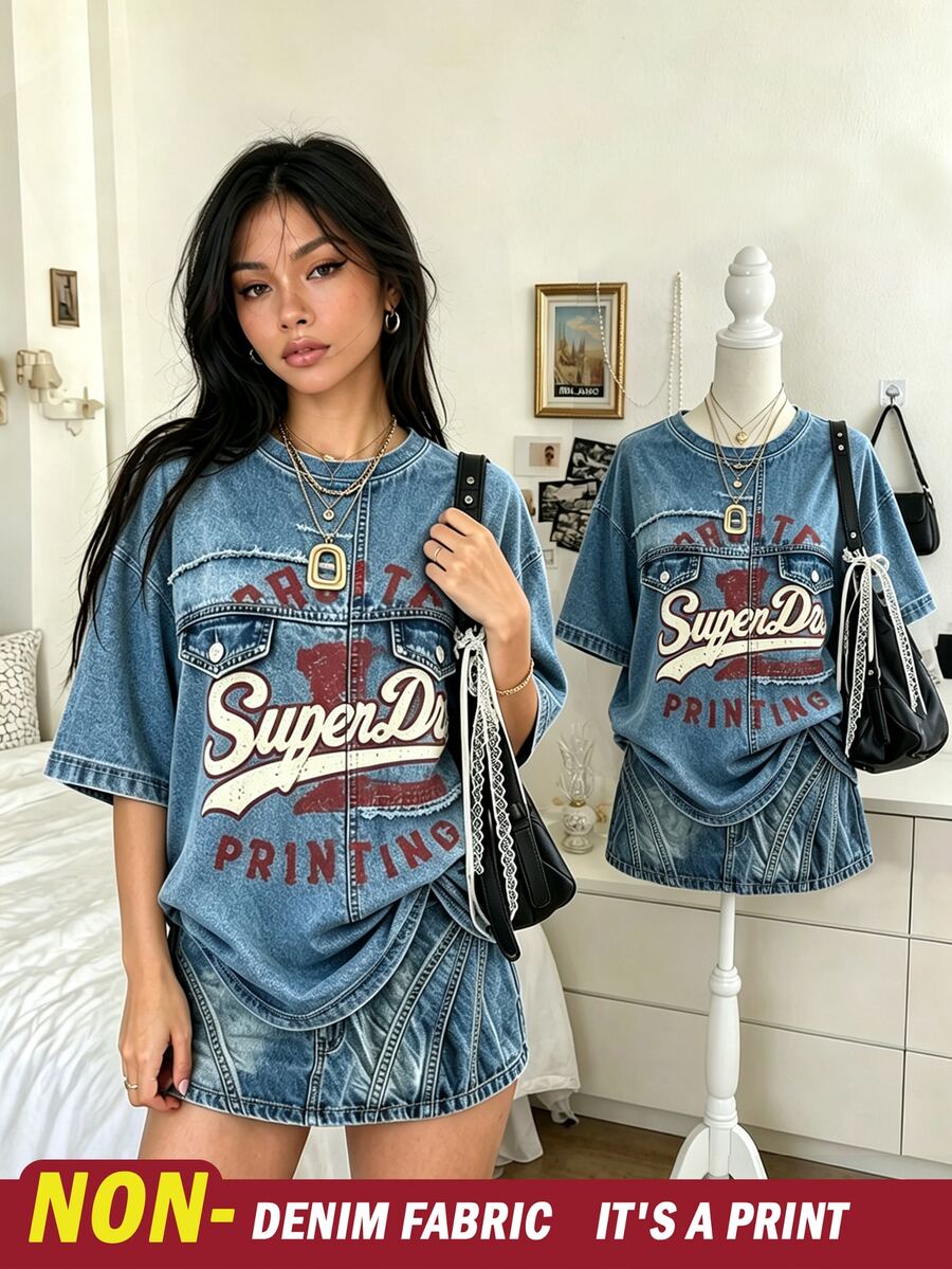 Lalippa Women's Summer Casual Fashion American Street Style Daily Commute Faux Denim Letter Print Drop Shoulder Loose T-Shirt