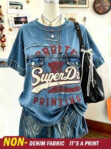Lalippa Women's Summer Casual Fashion American Street Style Daily Commute Faux Denim Letter Print Drop Shoulder Loose T-Shirt - Multicolor - View 4