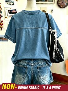 Lalippa Women's Summer Casual Fashion American Street Style Daily Commute Faux Denim Letter Print Drop Shoulder Loose T-Shirt - Multicolor - View 3