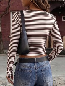 Ritzy Row New Women's Fashion Casual Versatile U-Neck Contrast Color Striped Long Sleeve Base Layer T-Shirt - Multicolor - View 2