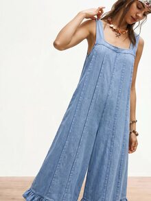 Bohemela 女款方領休閒荷葉邊牛仔無袖連身褲 - 藍色 - 查看 5