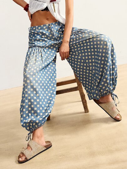 Bohemela Women's Holiday Casual Boho Blue And White Polka Dot Print Lantern Jeans Beach Holiday Vacation Summer