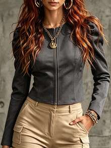 SHEIN Holidaya Women's Solid Color Zipper Casual Versatile Daily Travel Long Sleeve Jacket - Dark Grey - View 1