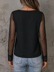 SHEIN Fiorisel Women's Elegant Mesh Patchwork Black Top - Black - View 2