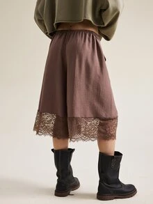 SHEIN Women's Lace Patchwork Casual Versatile Daily Wear Capris - Coffee Brown - View 2