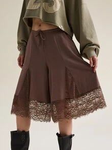SHEIN Women's Lace Patchwork Casual Versatile Daily Wear Capris - Coffee Brown - View 6