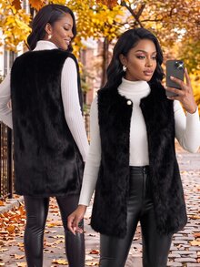 SHEIN Lady CURVE Plus Size Women's Solid Color Open Front Faux Fur Vest Formal Nightwear Going Out Black Winter Elegant Night Out Luxury Evening Dress - Black - View 1