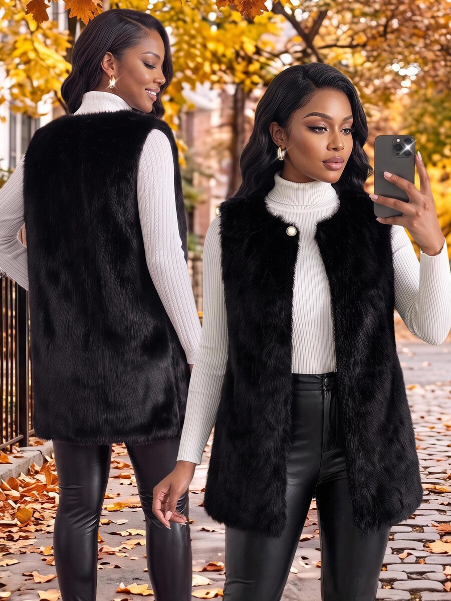 SHEIN Lady CURVE Plus Size Women's Solid Color Open Front Faux Fur Vest Formal Nightwear Going Out Black Winter Elegant Night Out Luxury Evening Dress - Black - View 1