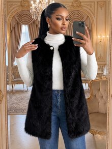 SHEIN Lady CURVE Plus Size Women's Solid Color Open Front Faux Fur Vest Formal Nightwear Going Out Black Winter Elegant Night Out Luxury Evening Dress - Black - View 6