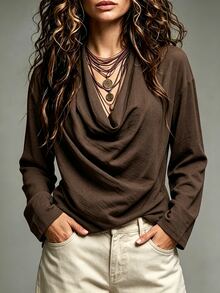 SHEIN Holidaya Áo blouse cổ rủ trơn màu nâu đậm phong cách boho thường ngày mùa thu - màu nâu - Xem 5