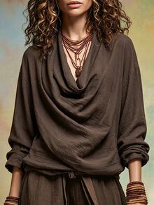 SHEIN Holidaya Áo blouse cổ rủ trơn màu nâu đậm phong cách boho thường ngày mùa thu - màu nâu - Xem 6