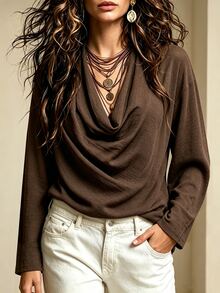 SHEIN Holidaya Áo blouse cổ rủ trơn màu nâu đậm phong cách boho thường ngày mùa thu - màu nâu - Xem 4