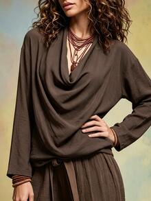 SHEIN Holidaya Áo blouse cổ rủ trơn màu nâu đậm phong cách boho thường ngày mùa thu - màu nâu - Xem 7