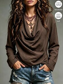 SHEIN Holidaya Áo blouse cổ rủ trơn màu nâu đậm phong cách boho thường ngày mùa thu - màu nâu - Xem 2