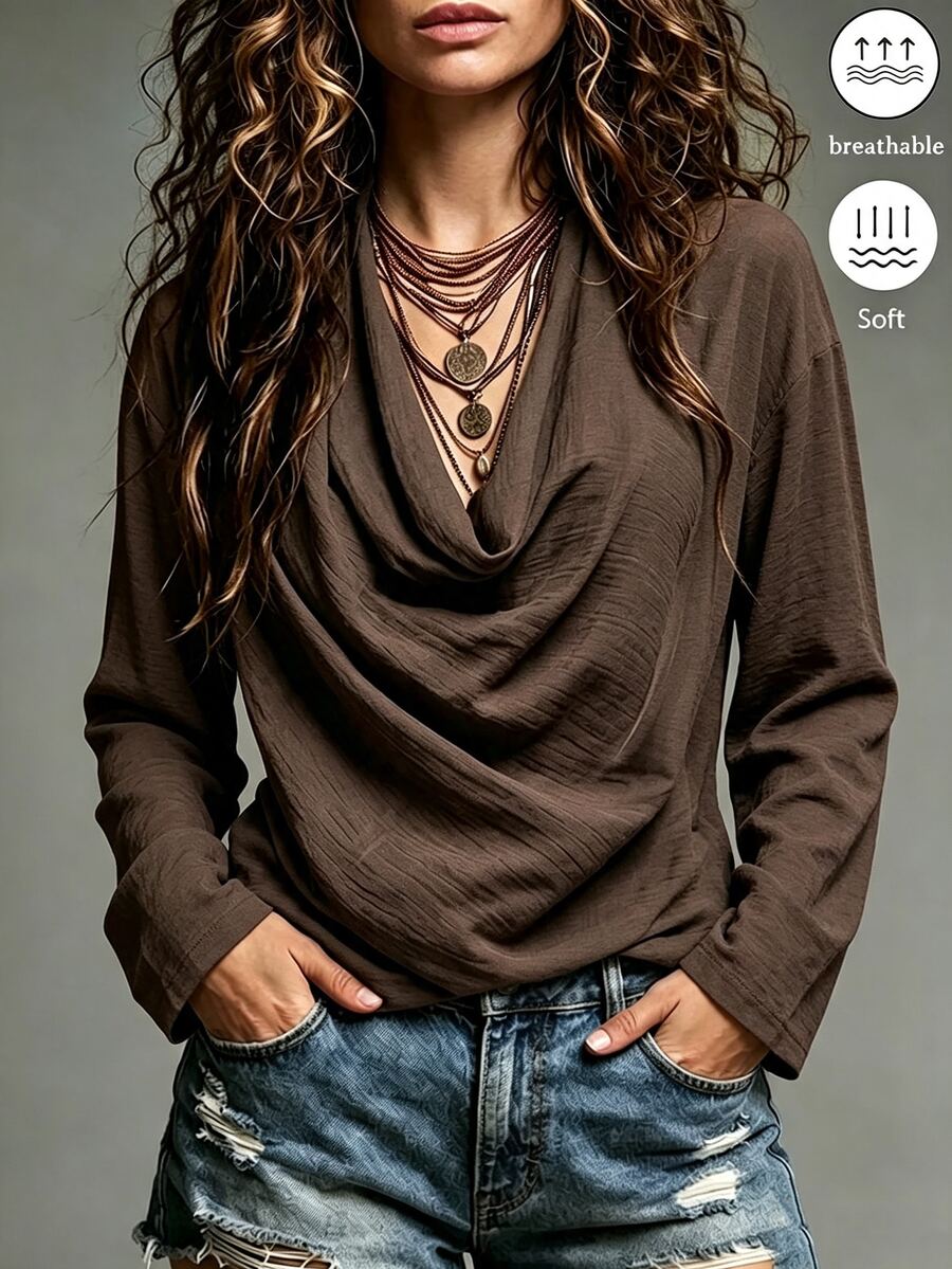 SHEIN Holidaya Áo blouse cổ rủ trơn màu nâu đậm phong cách boho thường ngày mùa thu