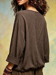 SHEIN Holidaya Áo blouse cổ rủ trơn màu nâu đậm phong cách boho thường ngày mùa thu - màu nâu - Xem 3