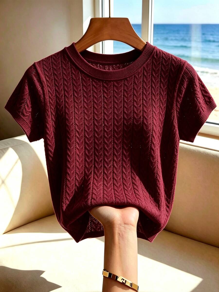 SHEIN Women's Solid Color Round Neck Short Sleeve Casual Versatile Knit Top