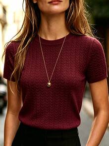 SHEIN Women's Solid Color Round Neck Short Sleeve Casual Versatile Knit Top - Burgundy - View 4