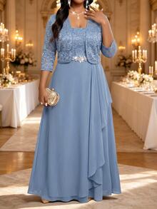 Fleurora Women's Elegant Rhinestone Decorated Dress With Lace Cardigan 2 Pieces Set - Baby Blue - View 4
