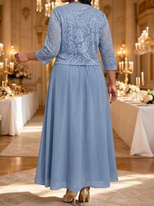Fleurora Women's Elegant Rhinestone Decorated Dress With Lace Cardigan 2 Pieces Set - Baby Blue - View 2
