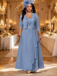 Fleurora Women's Elegant Rhinestone Decorated Dress With Lace Cardigan 2 Pieces Set - Baby Blue - View 1