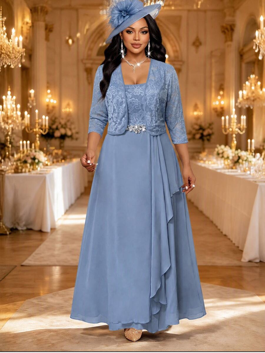 Fleurora Women's Elegant Rhinestone Decorated Dress With Lace Cardigan 2 Pieces Set - Baby Blue - View 1