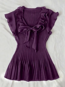 IslaSuriya Olive Green Cap Sleeve Chiffon Blouse With Bow Tie For Women - Purple - View 1