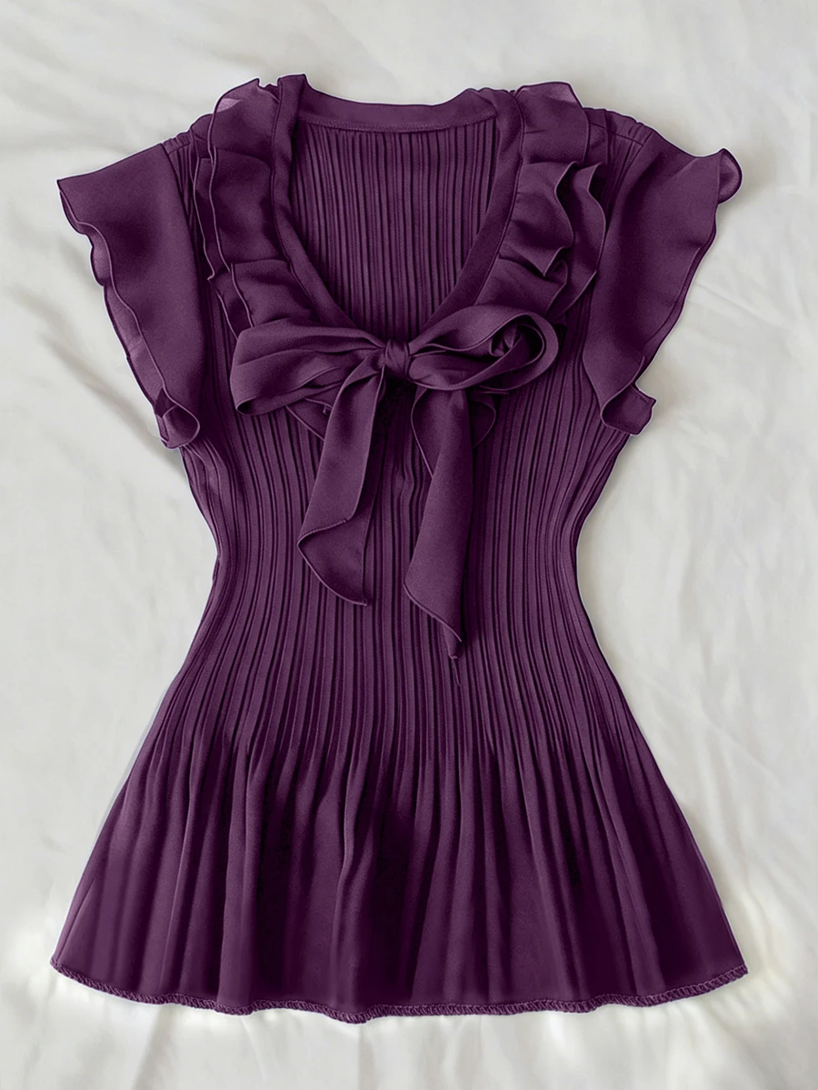 IslaSuriya Olive Green Cap Sleeve Chiffon Blouse With Bow Tie For Women - Purple - View 1
