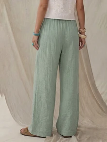 Wildy BOHO Casual Western Country Nomad Women's Long Pants Lace Solid Color Autumn/Winter Daily Basic Outfit For Going Out - Green - View 2