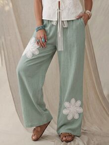 Wildy BOHO Casual Western Country Nomad Women's Long Pants Lace Solid Color Autumn/Winter Daily Basic Outfit For Going Out - Green - View 1