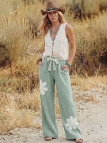 Wildy BOHO Casual Western Country Nomad Women's Long Pants Lace Solid Color Autumn/Winter Daily Basic Outfit For Going Out - Green - View 3