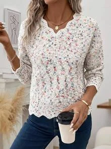 SHEIN LUNE Sweater Kasual Wanita untuk Komuter Lengan Panjang Musim Gugur/Dingin Motif Patchwork Kelim Bergelombang Colorblock untuk Pergi Keluar - MultiWarna - View 3