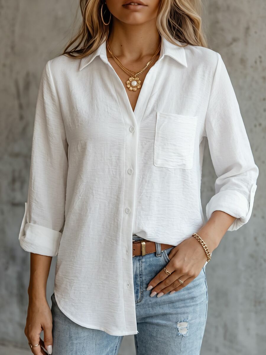 SHEIN LUNE Casual Solid Color Pocket Button Front Long Sleeve Basic Shirt,Long Sleeve Tops Fall Cloth For Women - White - View 1