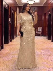 Aureia Gaun Syal Rumbai Bordir Manik-Manik dan Payet Mewah Elegan Ukuran Plus untuk Pernikahan, Pesta Dansa, dan Pesta Malam - Khaki - View 6